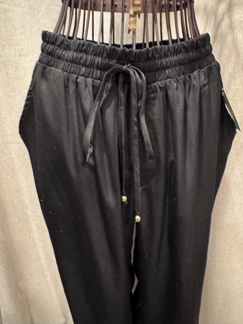 ee:some Black Drawstring Joggers - Sleek Satin-Finish Boutique Pants - M